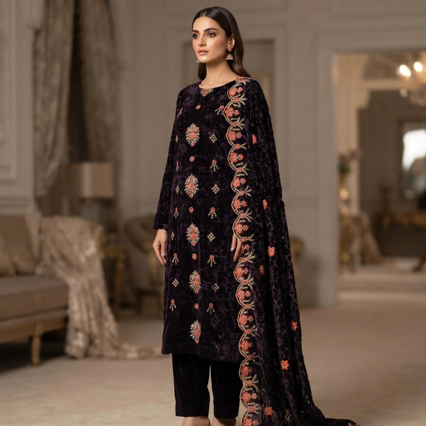 Dark Chocolate Embroidered Velvet 3 Piece Unstitched Suit