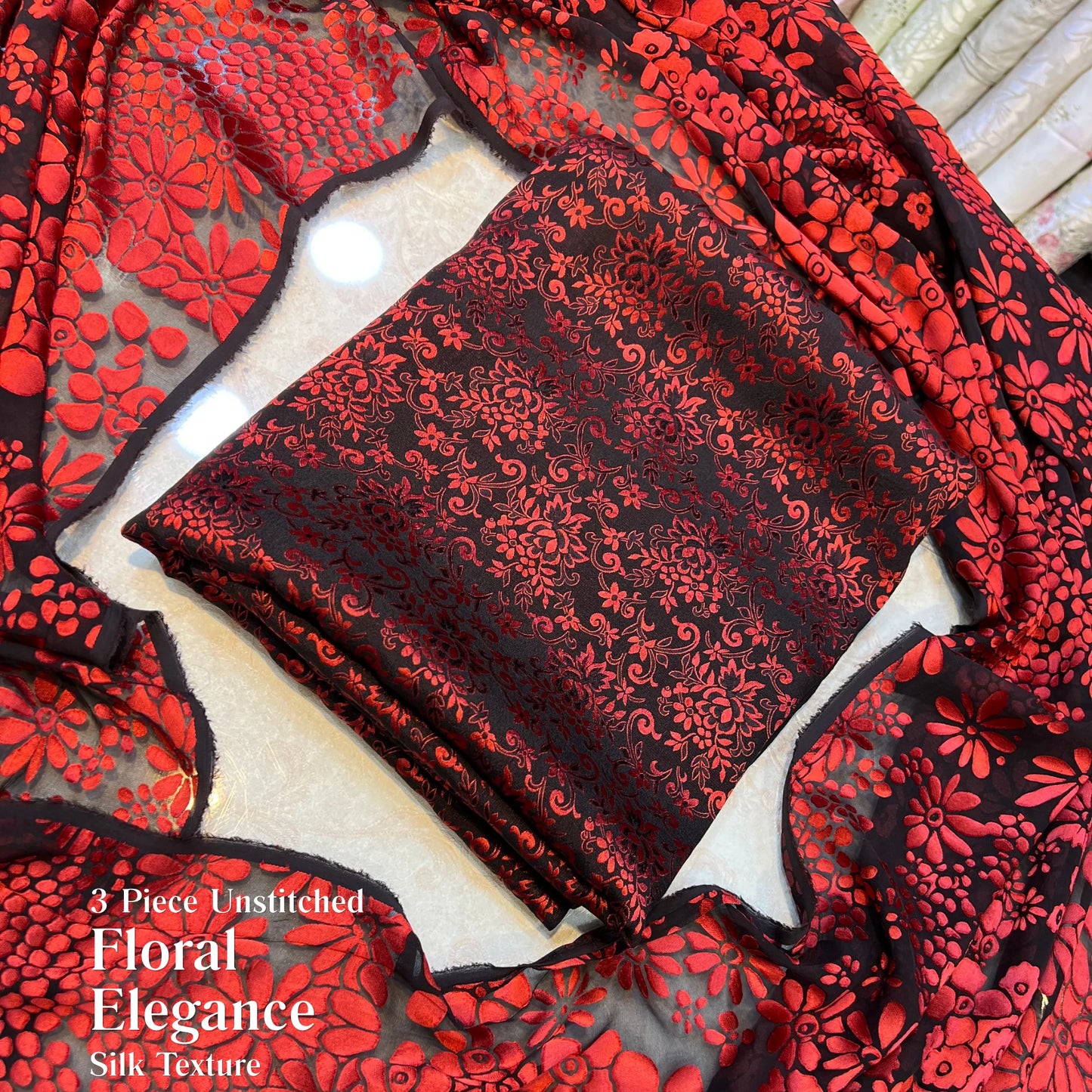 Crimson Noir Floral – 3 Piece Unstitched Pure China Pati Silk Suit