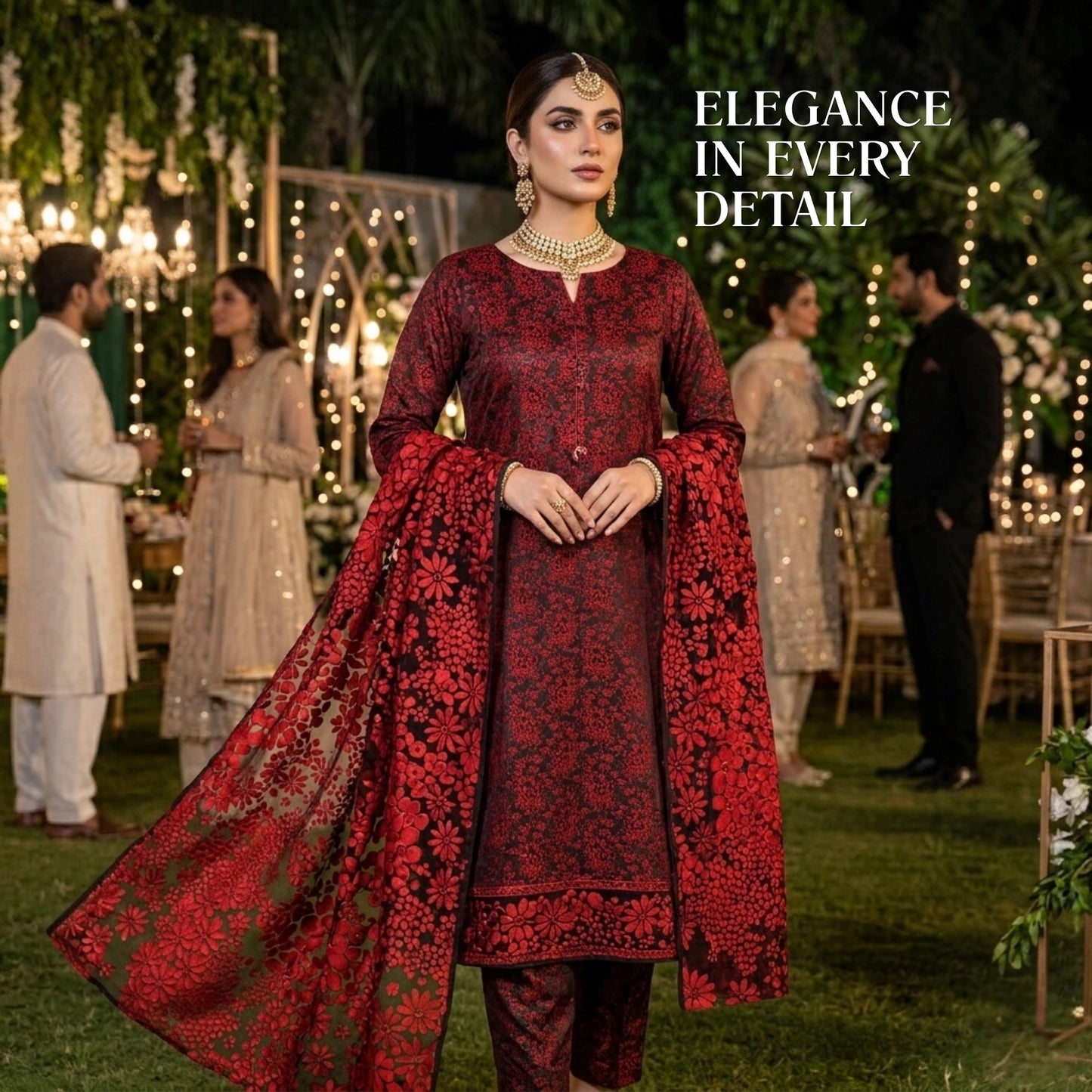 Crimson Noir Floral – 3 Piece Unstitched Pure China Pati Silk Suit