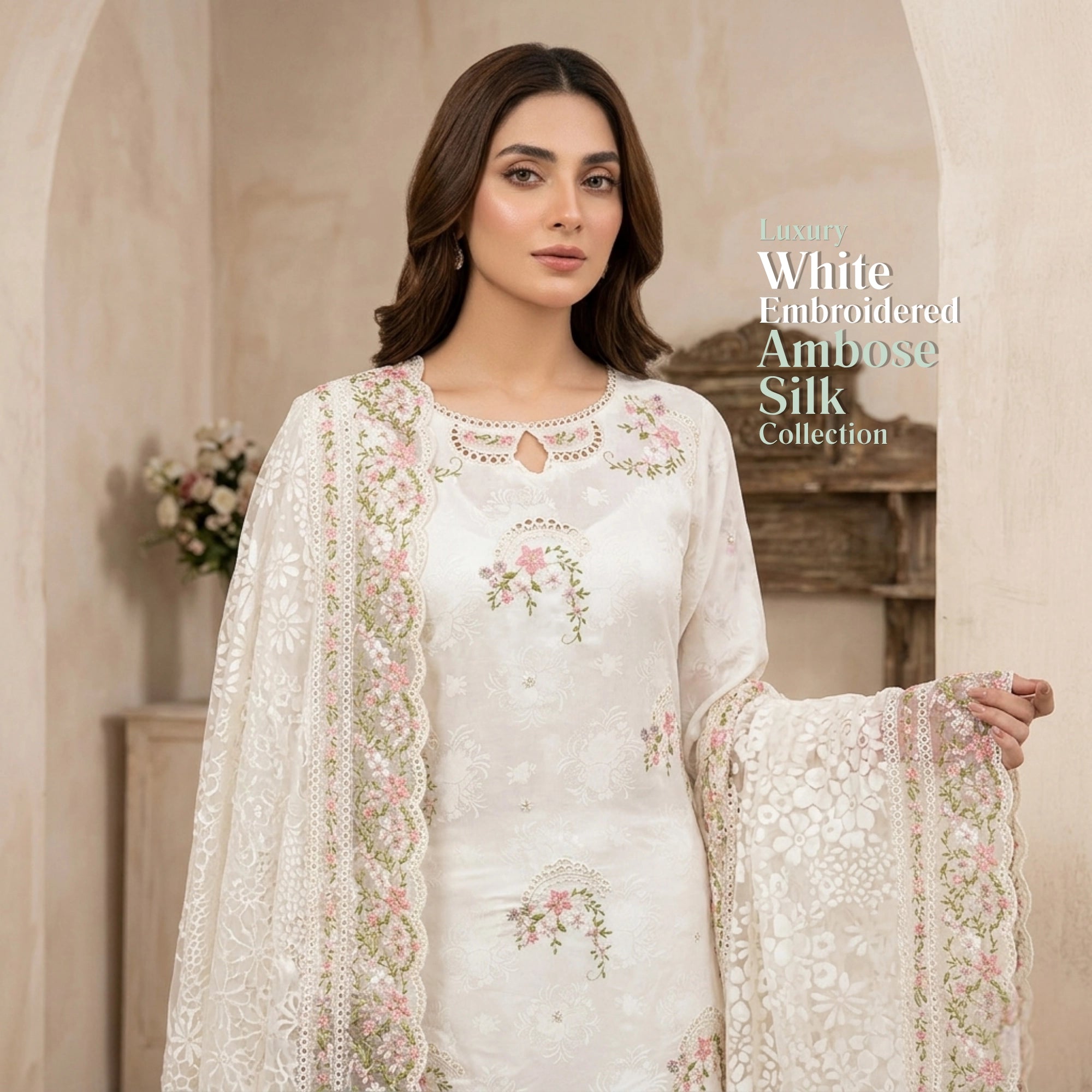 White Embroidered Ambose Silk Suit | 3 Piece Unstitched