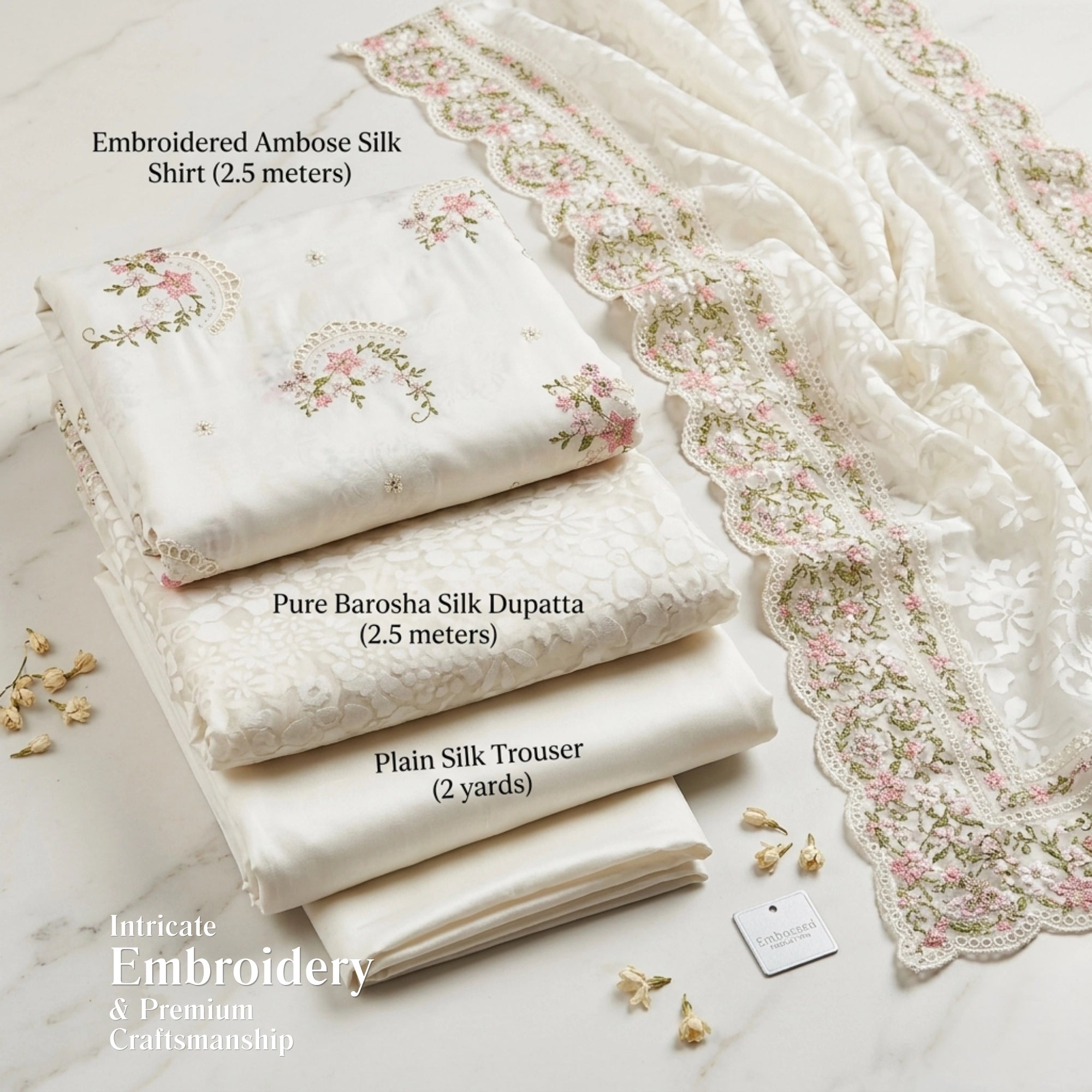 White Embroidered Ambose Silk Suit | 3 Piece Unstitched