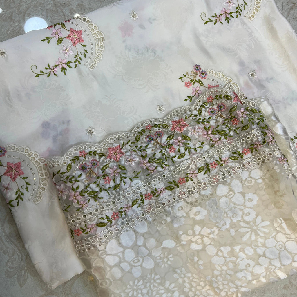 White Embroidered Ambose Silk Suit | 3 Piece Unstitched