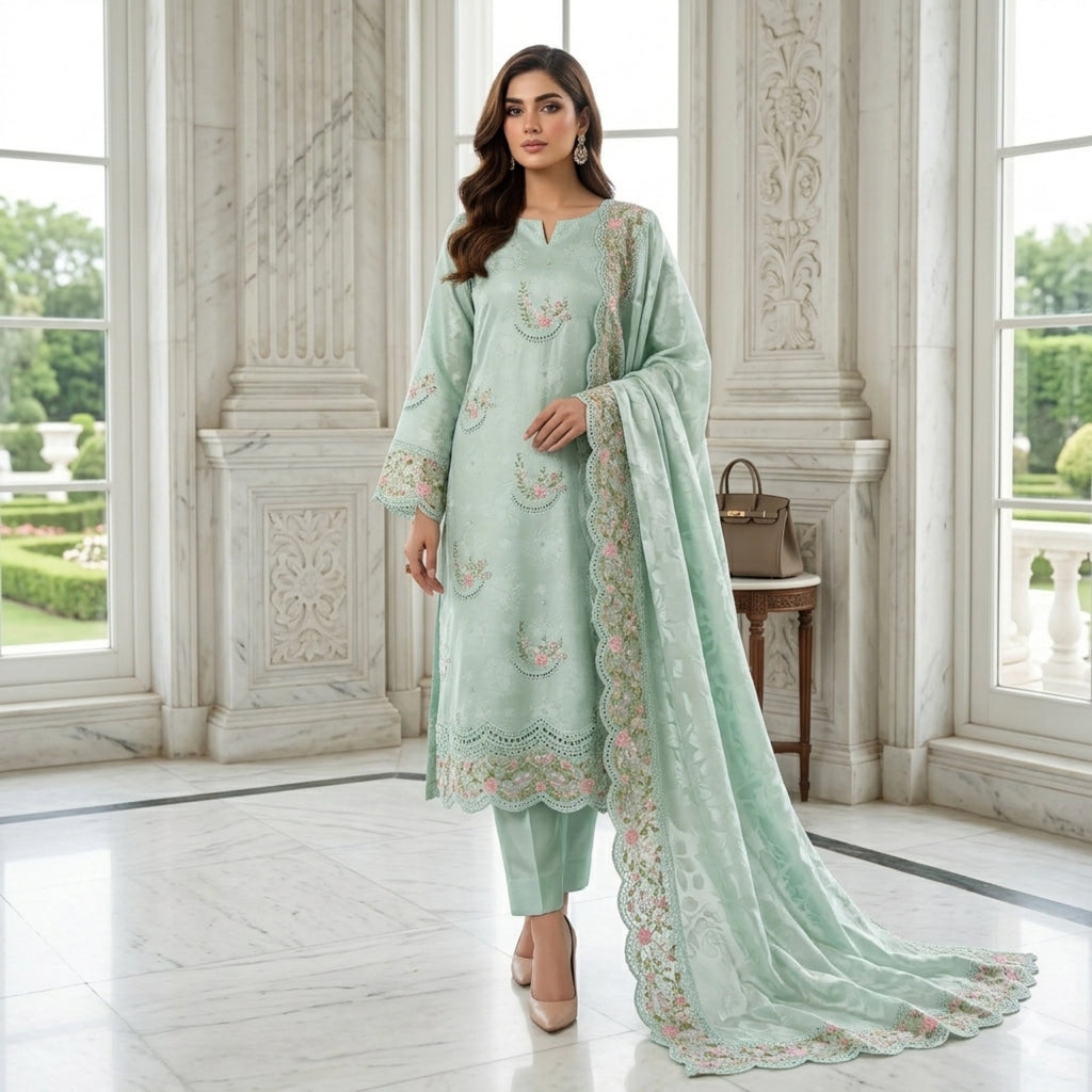 Mint Blossom Embroidered Ambose Silk Suit | 3 Piece Unstitched