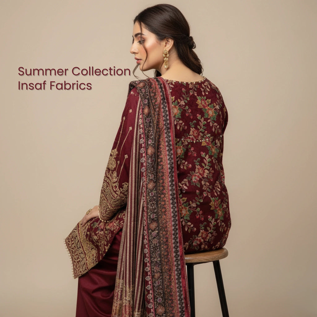 Maroon Palachi 3 Piece Unstitched Suit - Insaf Fabrics