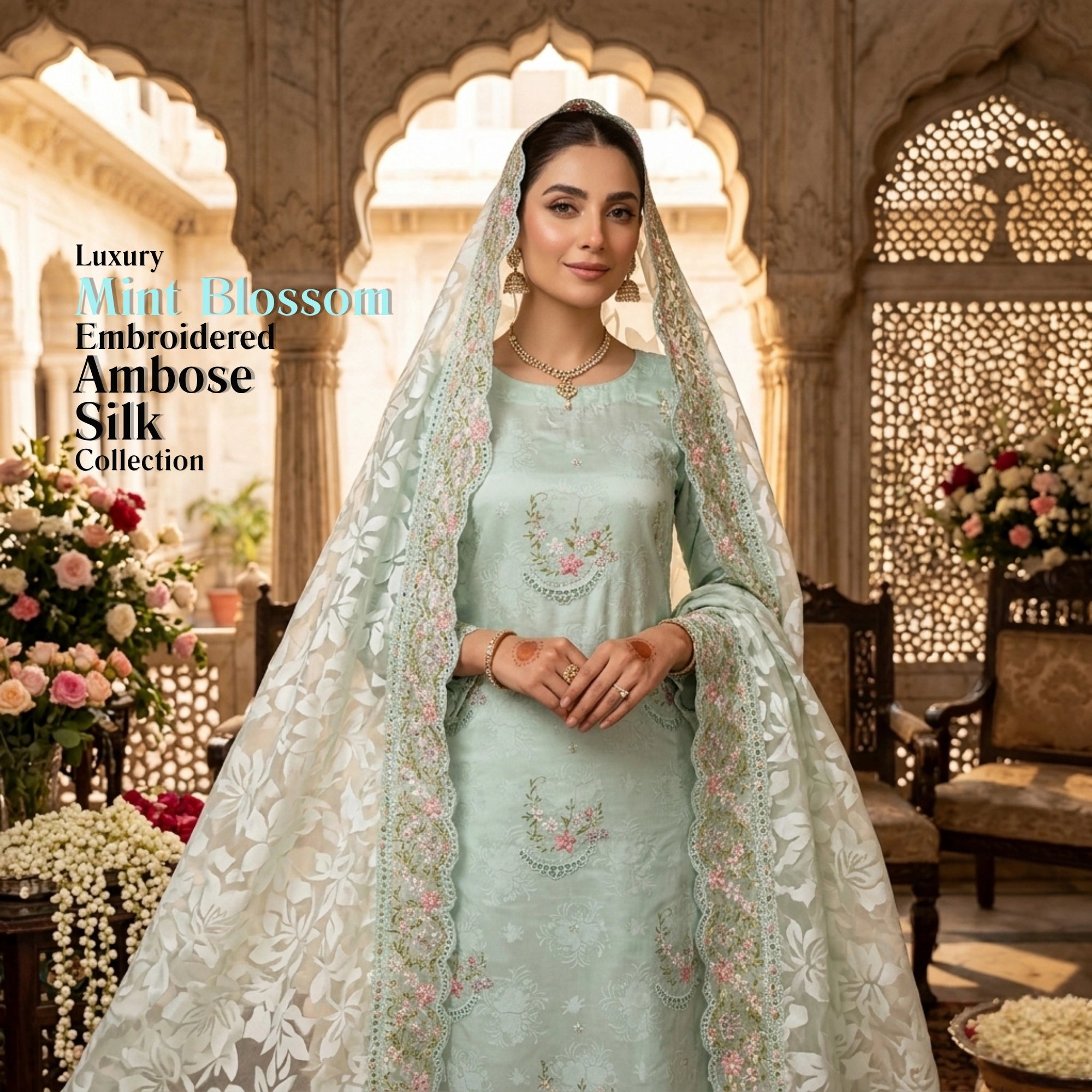 Mint Blossom Embroidered Ambose Silk Suit | 3 Piece Unstitched