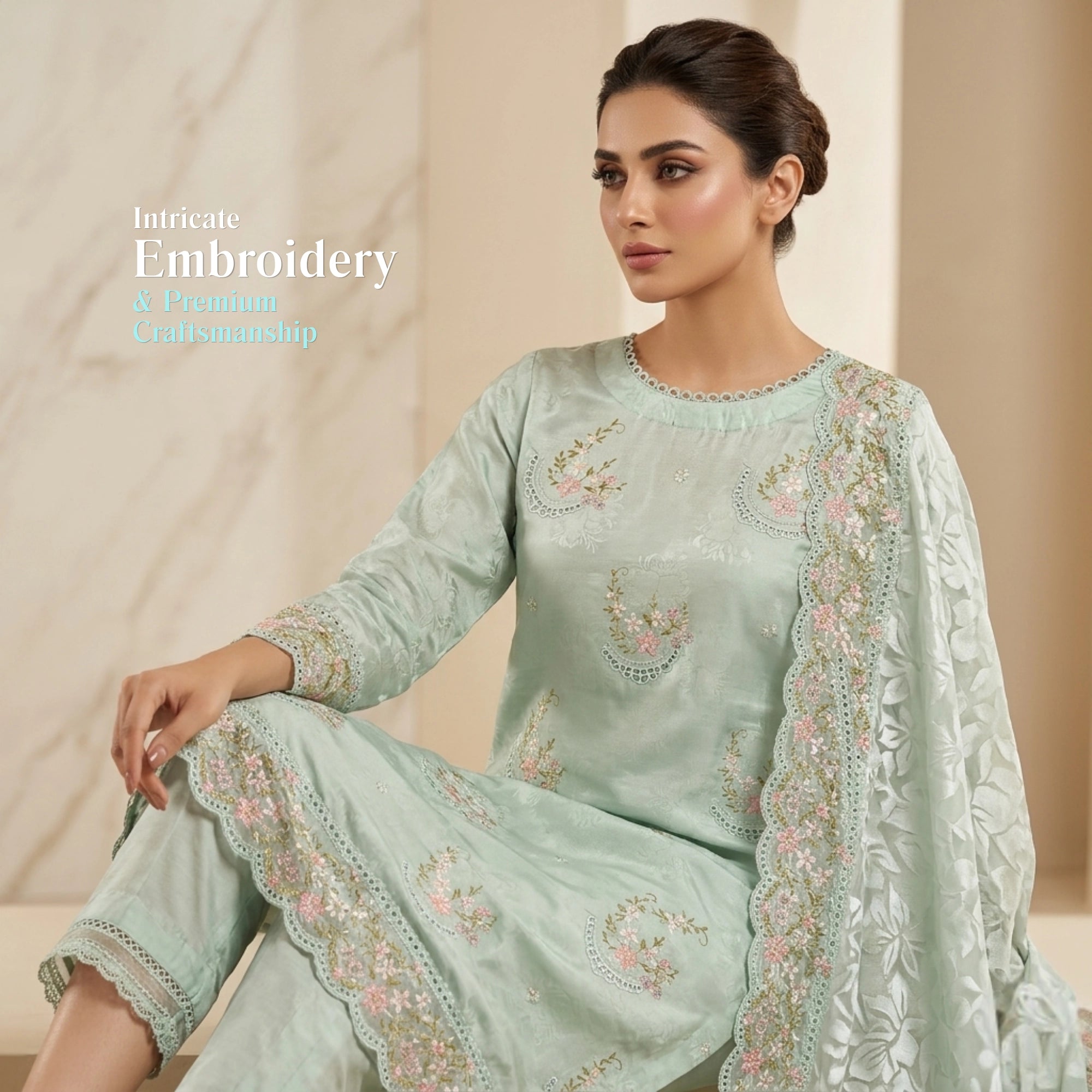 Mint Blossom Embroidered Ambose Silk Suit | 3 Piece Unstitched