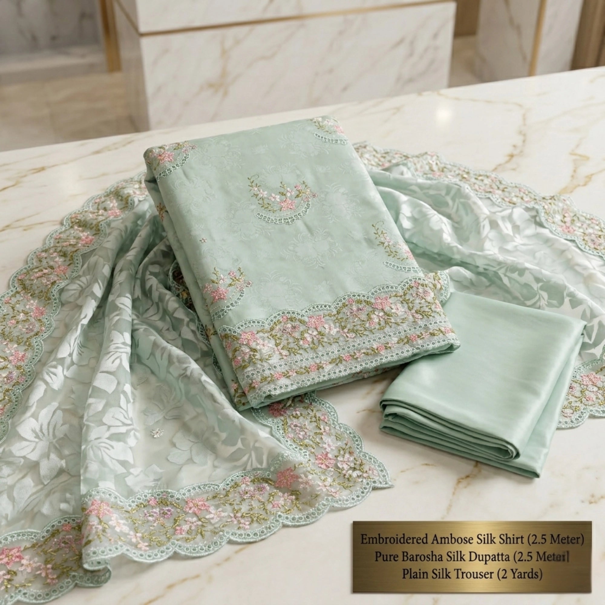 Mint Blossom Embroidered Ambose Silk Suit | 3 Piece Unstitched