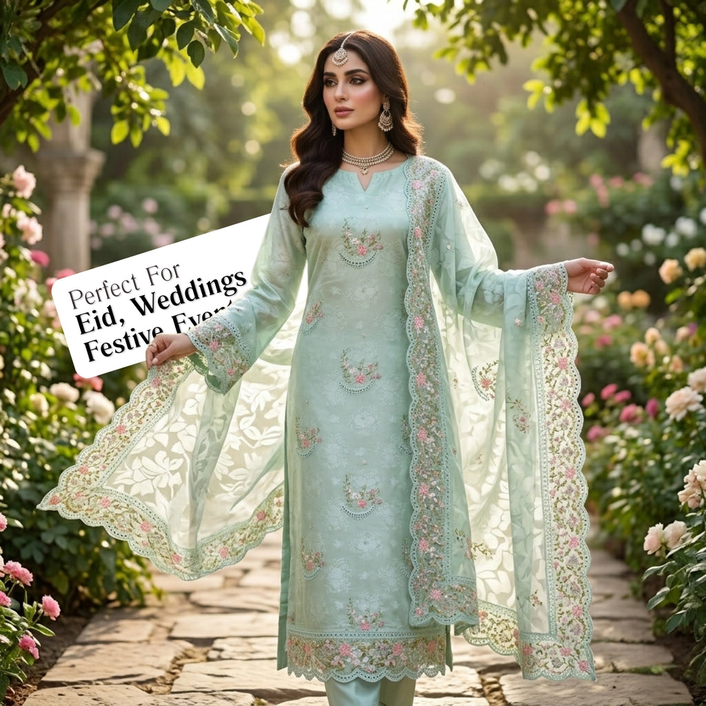 Mint Blossom Embroidered Ambose Silk Suit | 3 Piece Unstitched