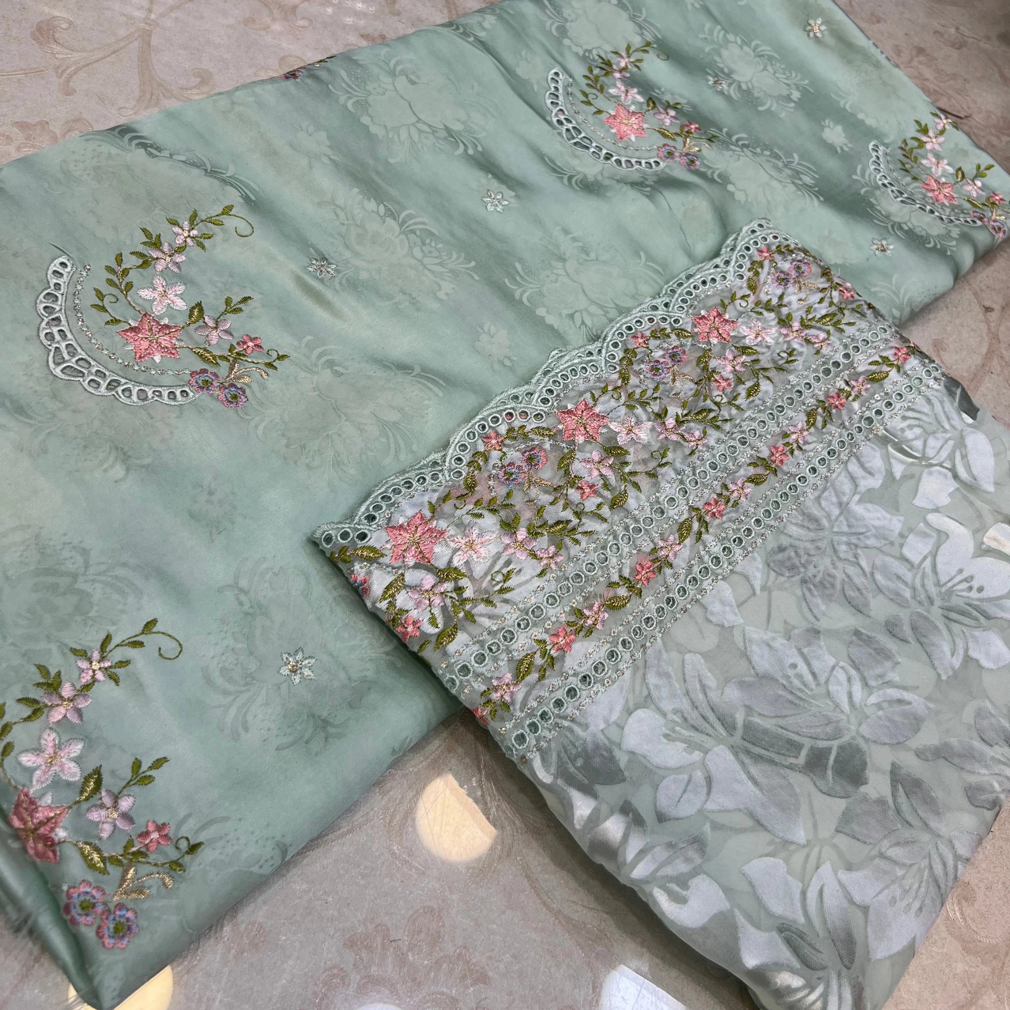 Mint Blossom Embroidered Ambose Silk Suit | 3 Piece Unstitched