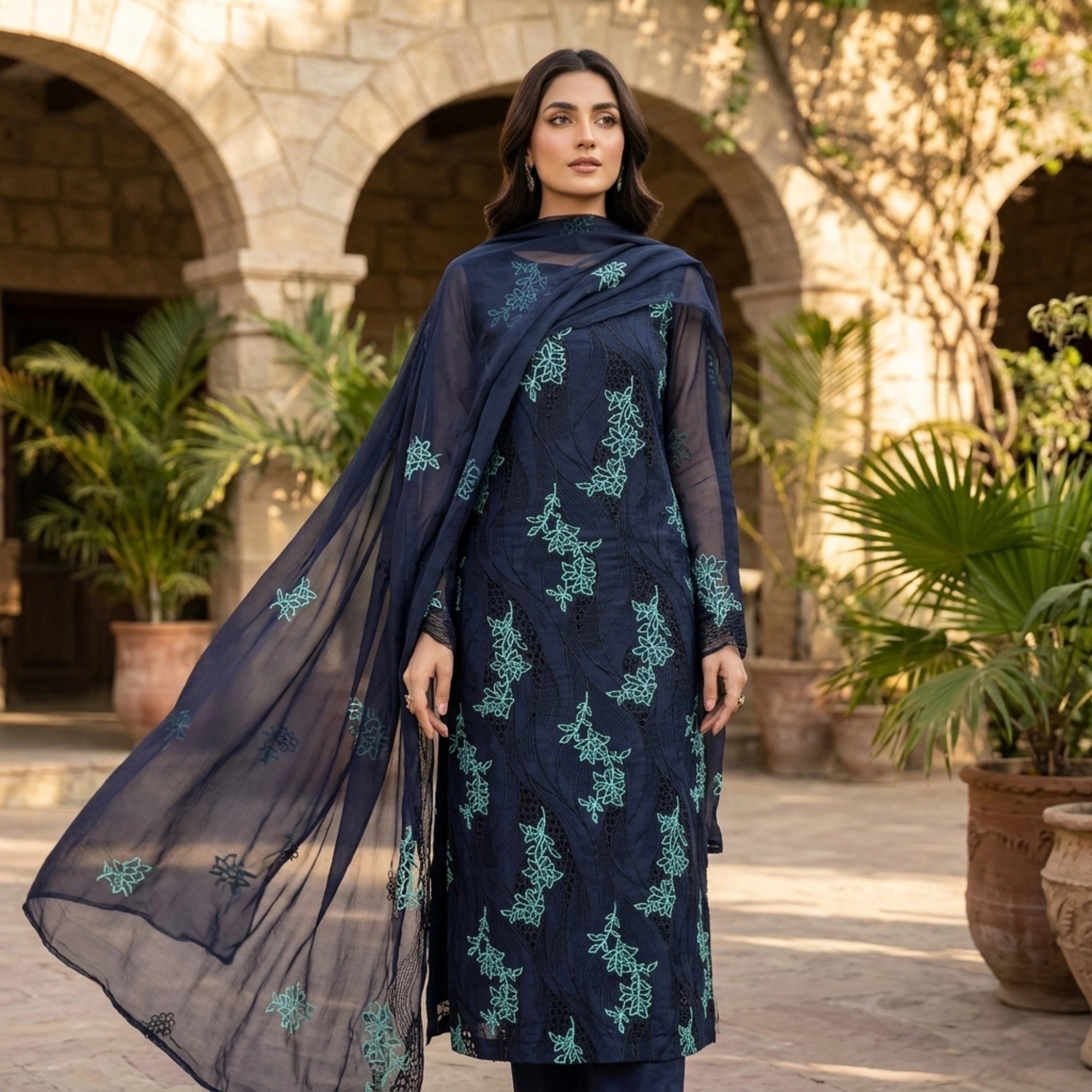 Midnight Azure Embroidered Lawn Suit Chiffon Dupatta – 3pc Unstitched