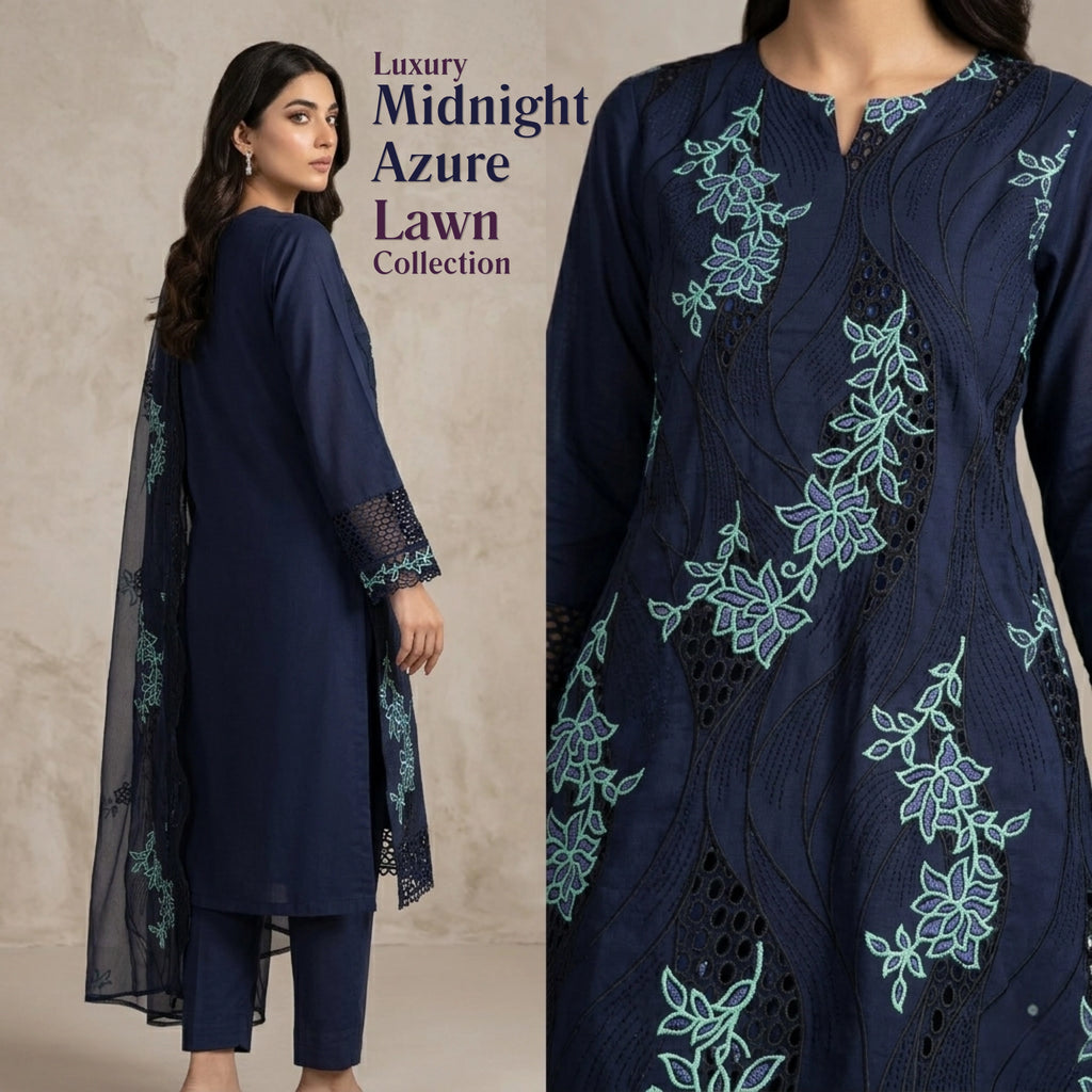 Midnight Azure Embroidered Lawn Suit Chiffon Dupatta – 3pc Unstitched