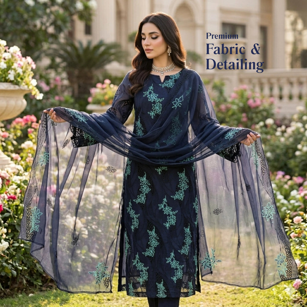 Midnight Azure Embroidered Lawn Suit Chiffon Dupatta – 3pc Unstitched