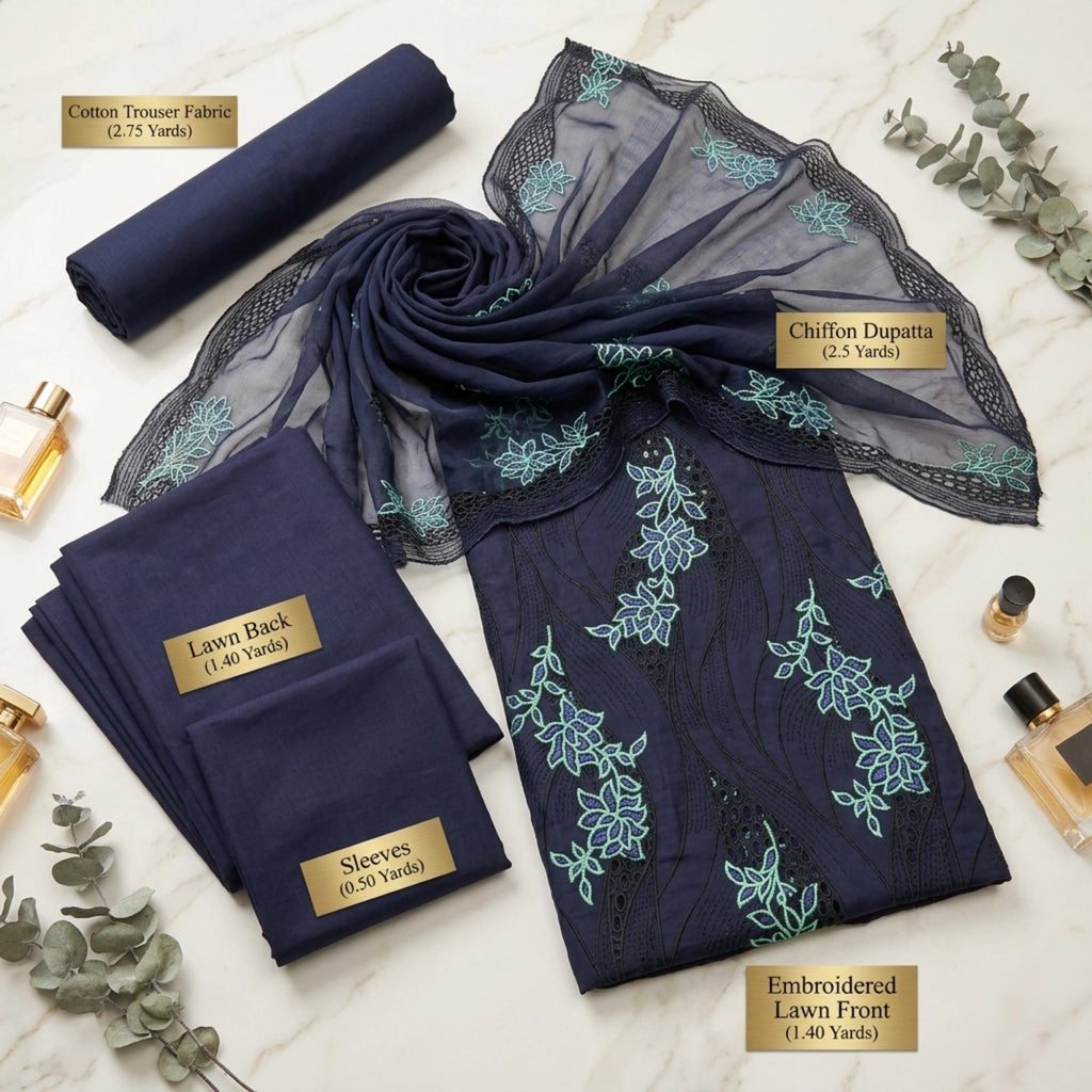 Midnight Azure Embroidered Lawn Suit Chiffon Dupatta – 3pc Unstitched