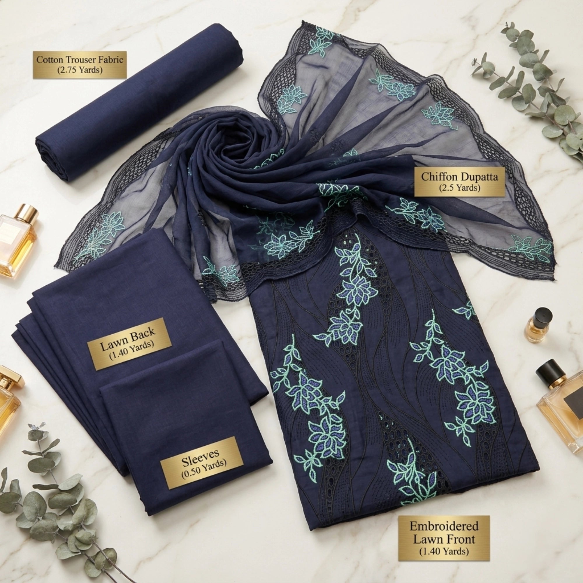 Midnight Azure Embroidered Lawn Suit Chiffon Dupatta – 3pc Unstitched