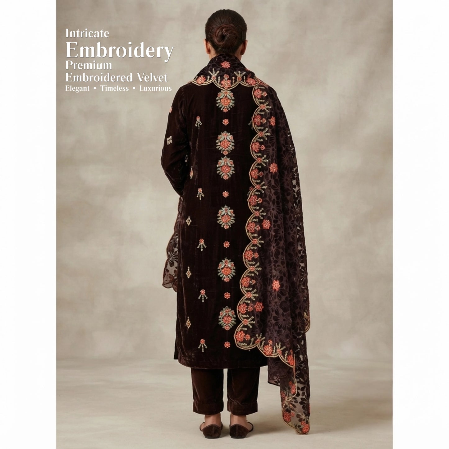 Dark Chocolate Embroidered Velvet 3 Piece Unstitched Suit