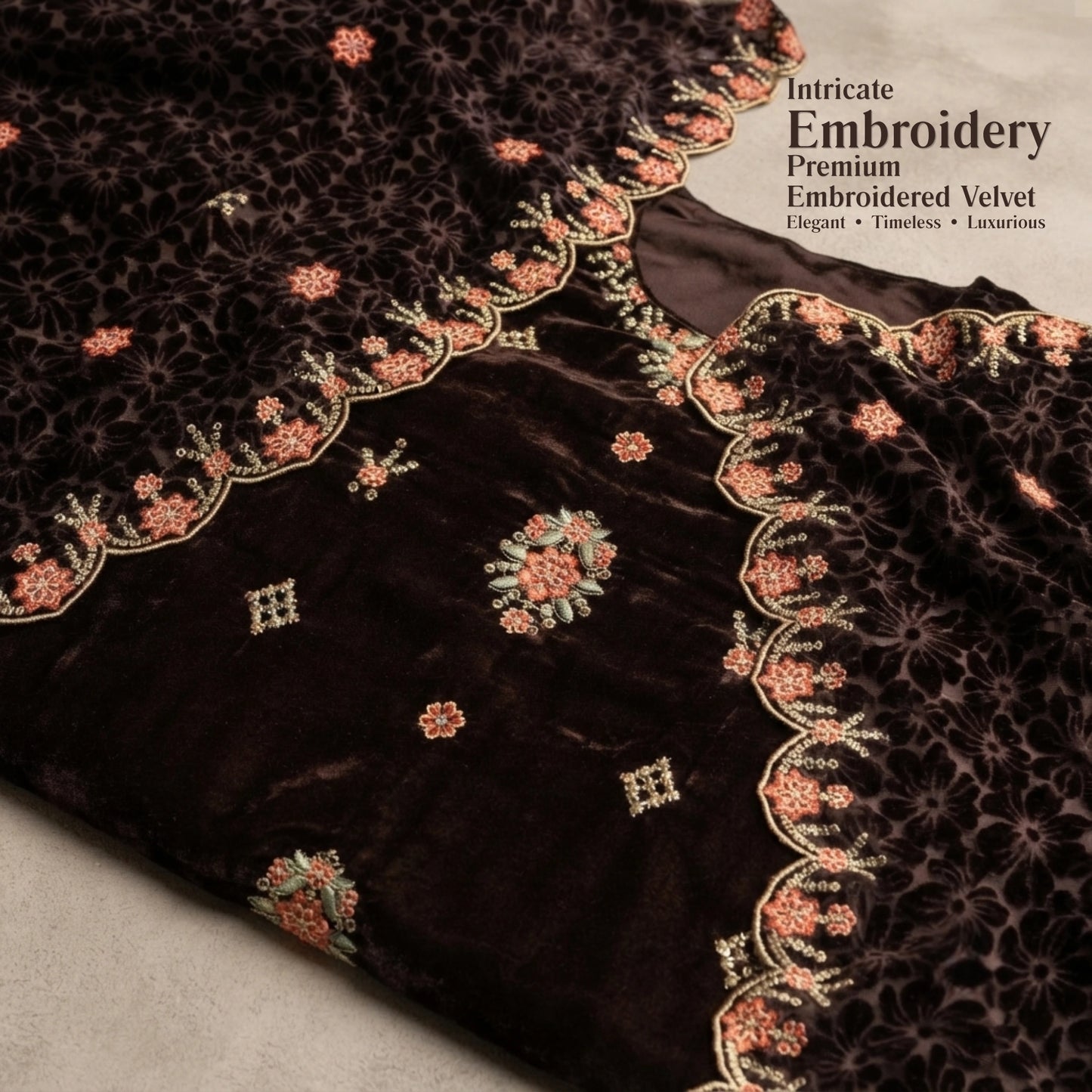 Dark Chocolate Embroidered Velvet 3 Piece Unstitched Suit