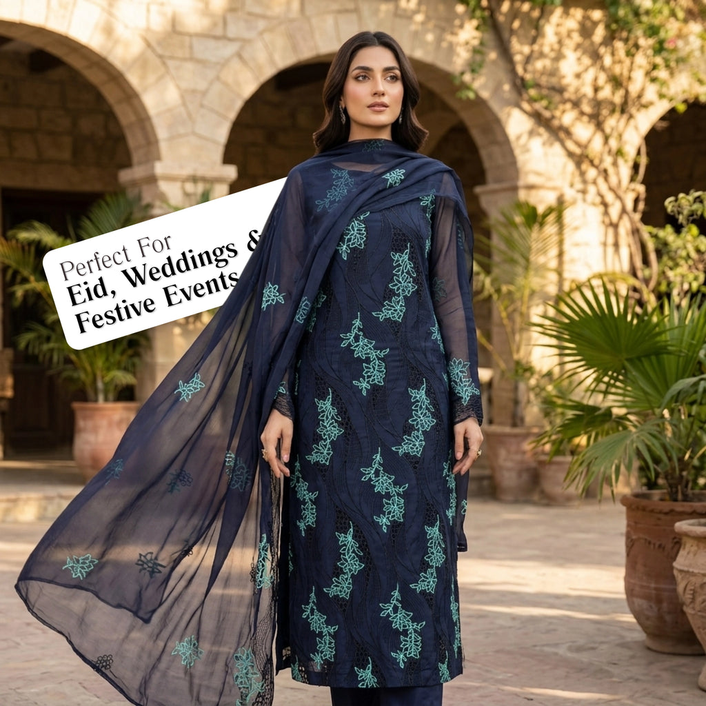 Midnight Azure Embroidered Lawn Suit Chiffon Dupatta – 3pc Unstitched