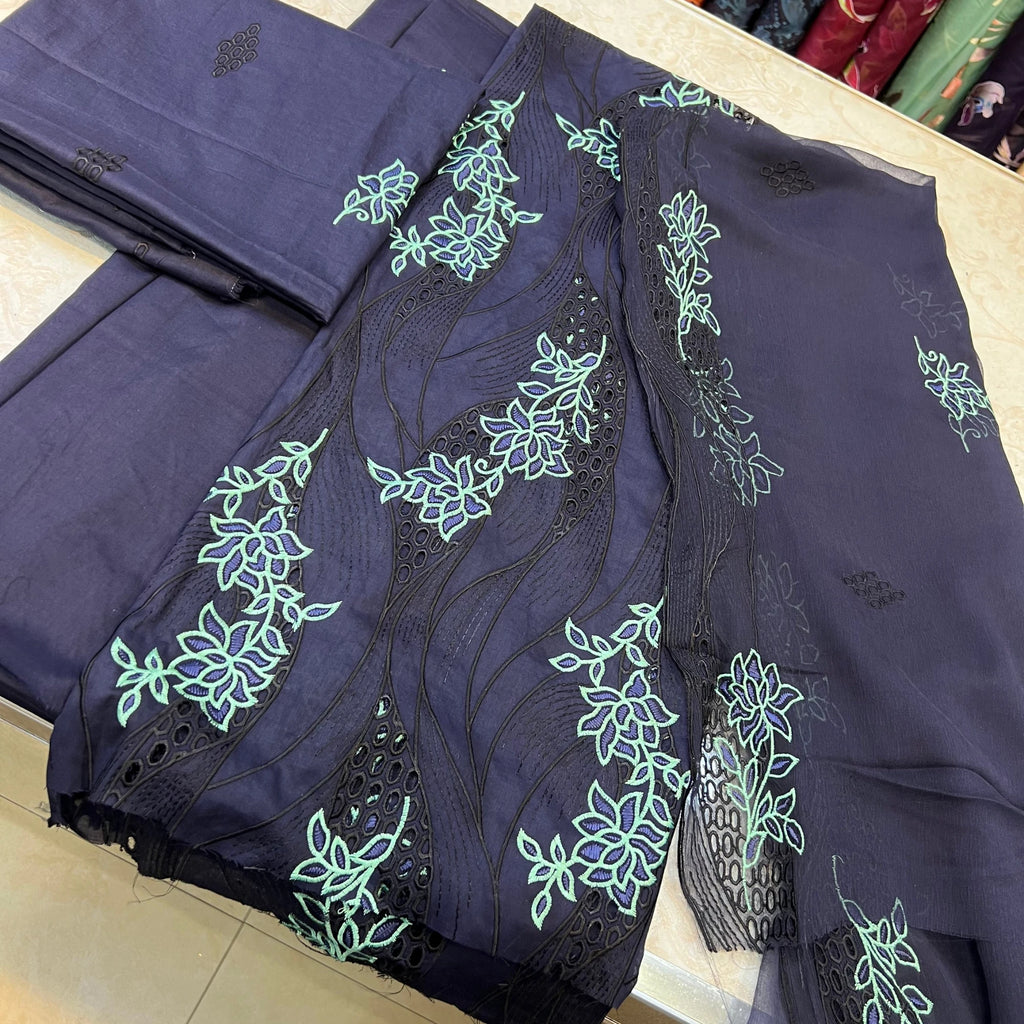 Midnight Azure Embroidered Lawn Suit Chiffon Dupatta – 3pc Unstitched