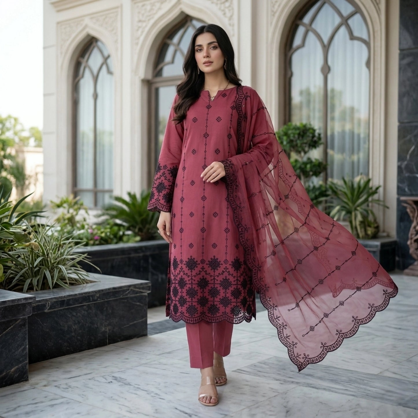 Dusty Rose Noir Lawn Suit Embroidered Net Dupatta – 3 Piece Unstitched