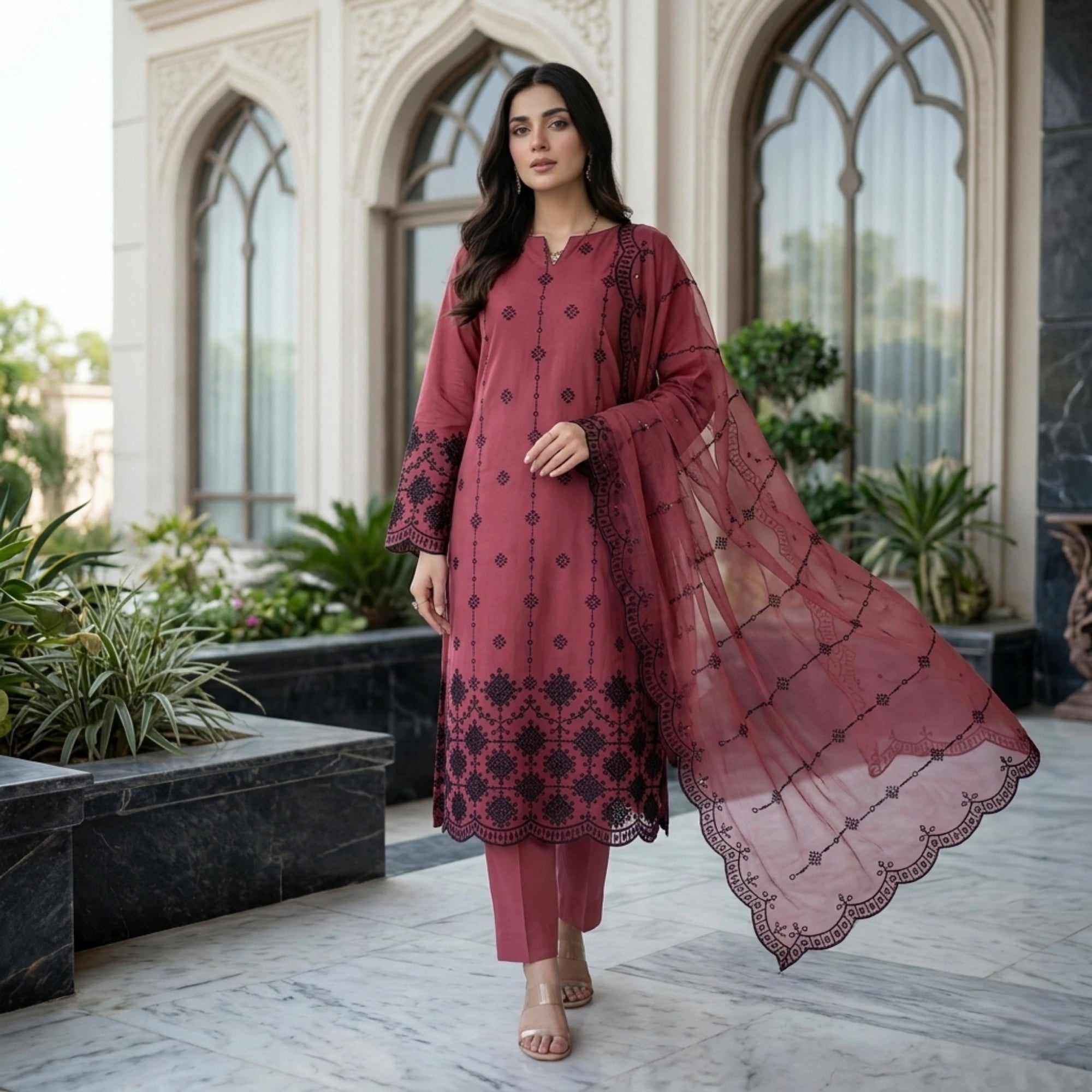 Dusty Rose Noir Lawn Suit Embroidered Net Dupatta – 3 Piece Unstitched