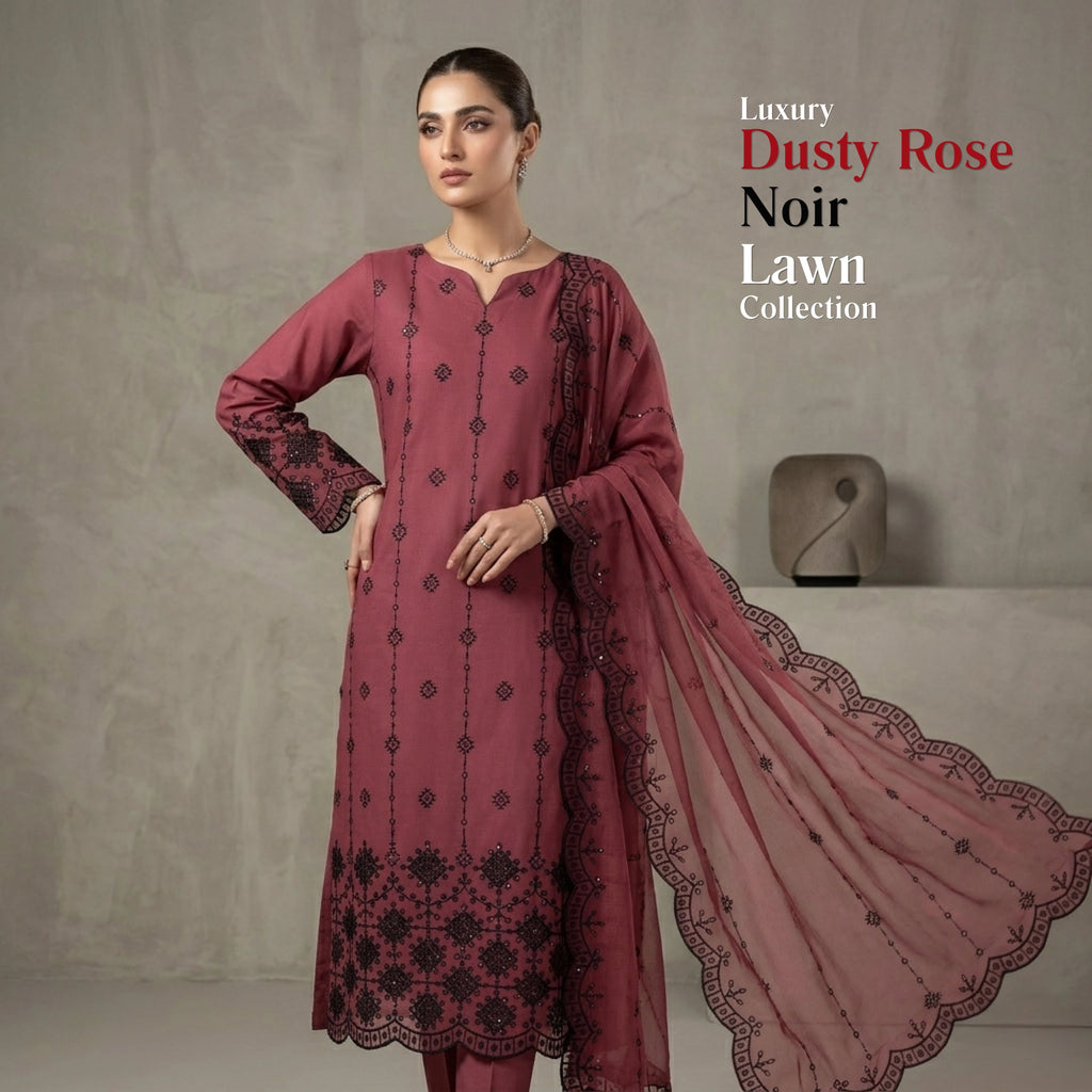 Dusty Rose Noir Lawn Suit Embroidered Net Dupatta – 3 Piece Unstitched