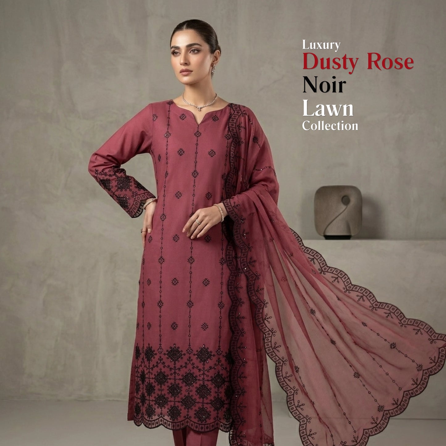 Dusty Rose Noir Lawn Suit Embroidered Net Dupatta – 3 Piece Unstitched