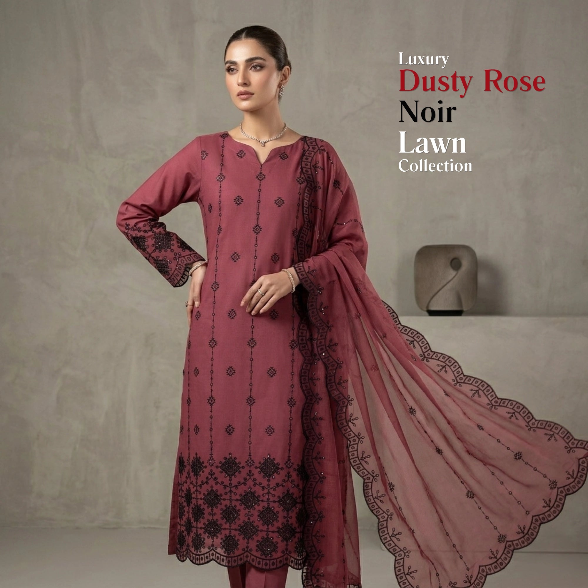 Dusty Rose Noir Lawn Suit Embroidered Net Dupatta – 3 Piece Unstitched