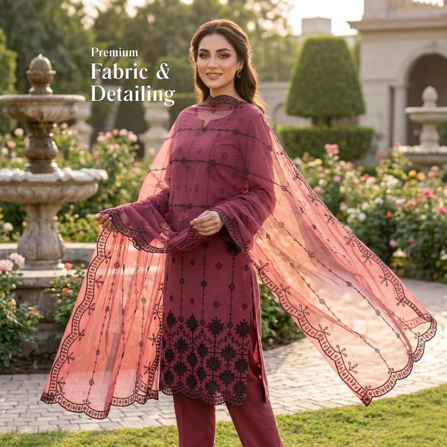 Dusty Rose Noir Lawn Suit Embroidered Net Dupatta – 3 Piece Unstitched