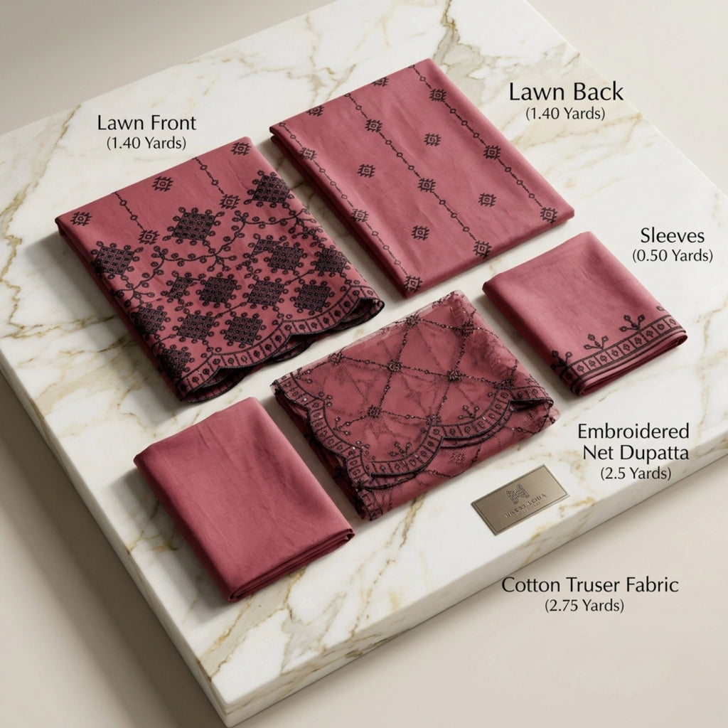 Dusty Rose Noir Lawn Suit Embroidered Net Dupatta – 3 Piece Unstitched