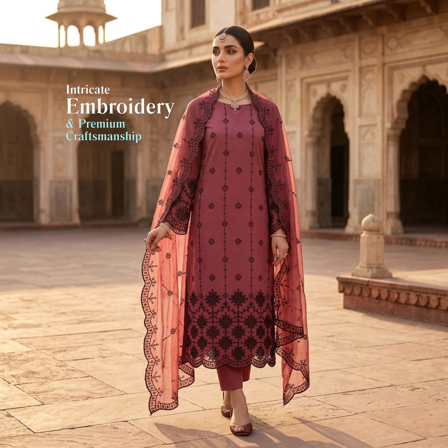 Dusty Rose Noir Lawn Suit Embroidered Net Dupatta – 3 Piece Unstitched