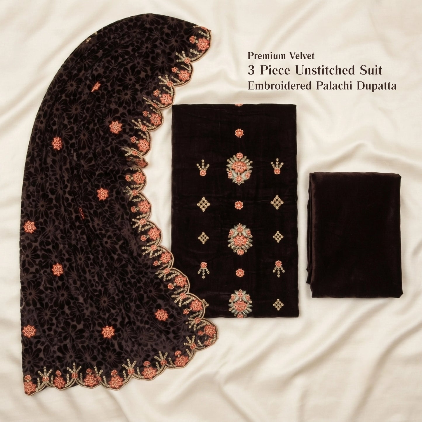 Dark Chocolate Embroidered Velvet 3 Piece Unstitched Suit