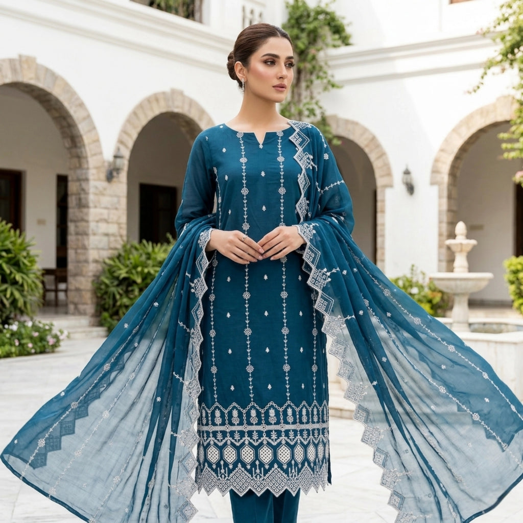 Ocean Mist Elegance Lawn Suit Embroidered Chiffon Dupatta – Unstitched