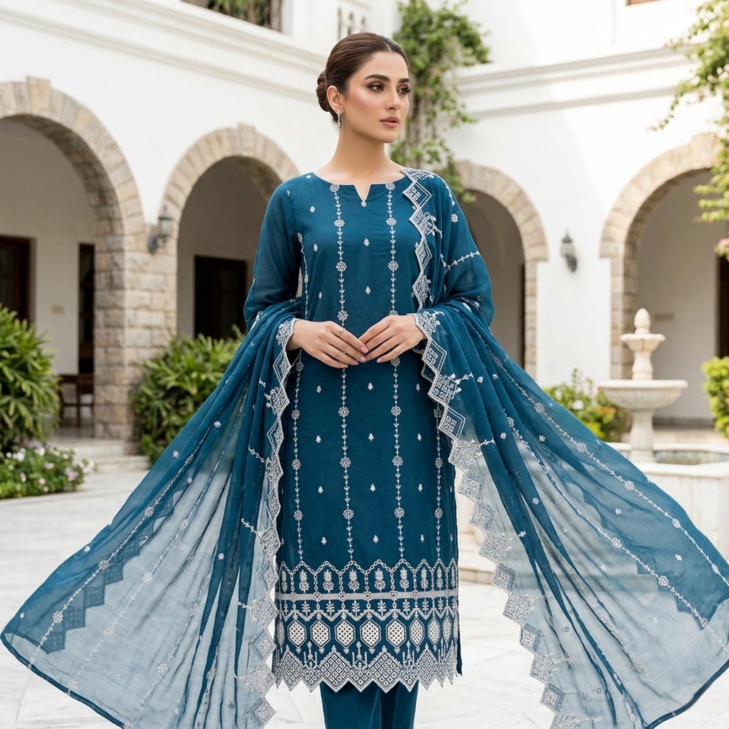 Ocean Mist Elegance Lawn Suit Embroidered Chiffon Dupatta – Unstitched