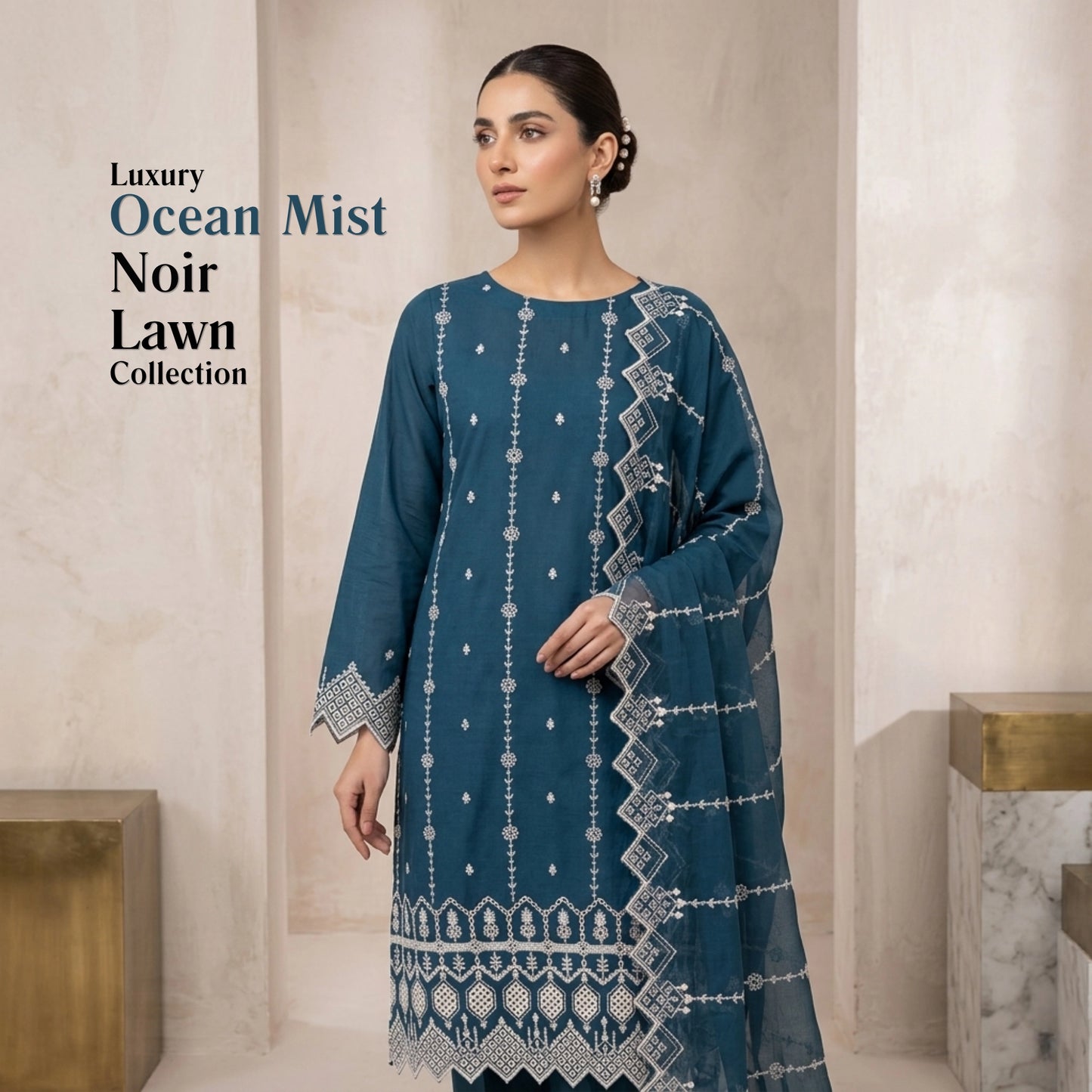 Ocean Mist Elegance Lawn Suit Embroidered Chiffon Dupatta – Unstitched