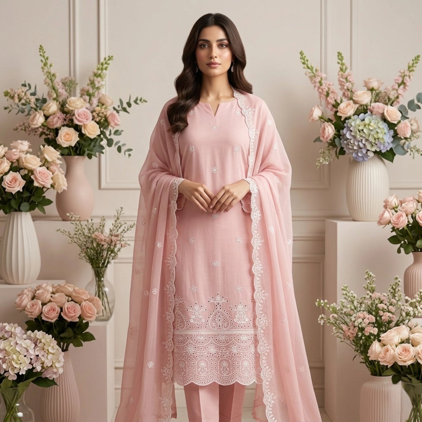 Dusty Rose Noir - 3pc Unstitched Embroidered Lawn Suit Chiffon Dupatta