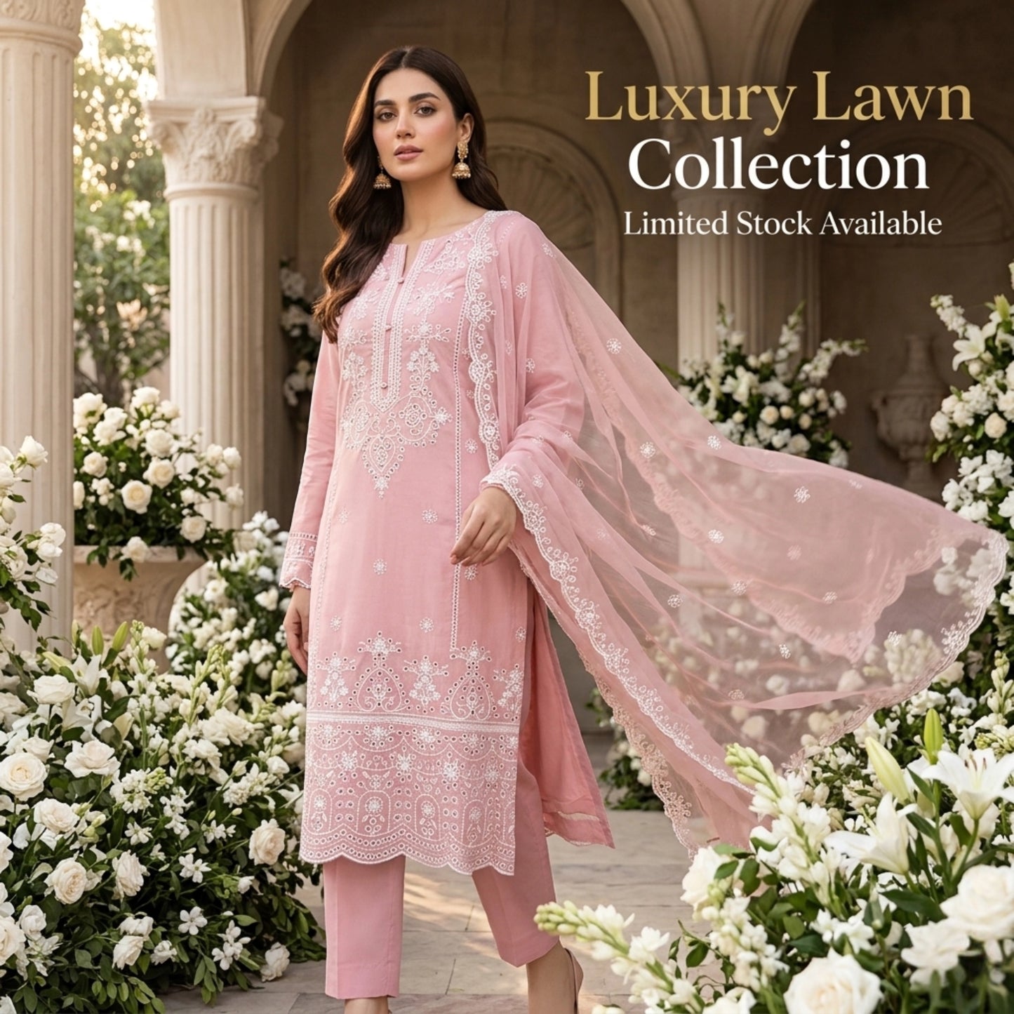 Dusty Rose Noir - 3pc Unstitched Embroidered Lawn Suit Chiffon Dupatta