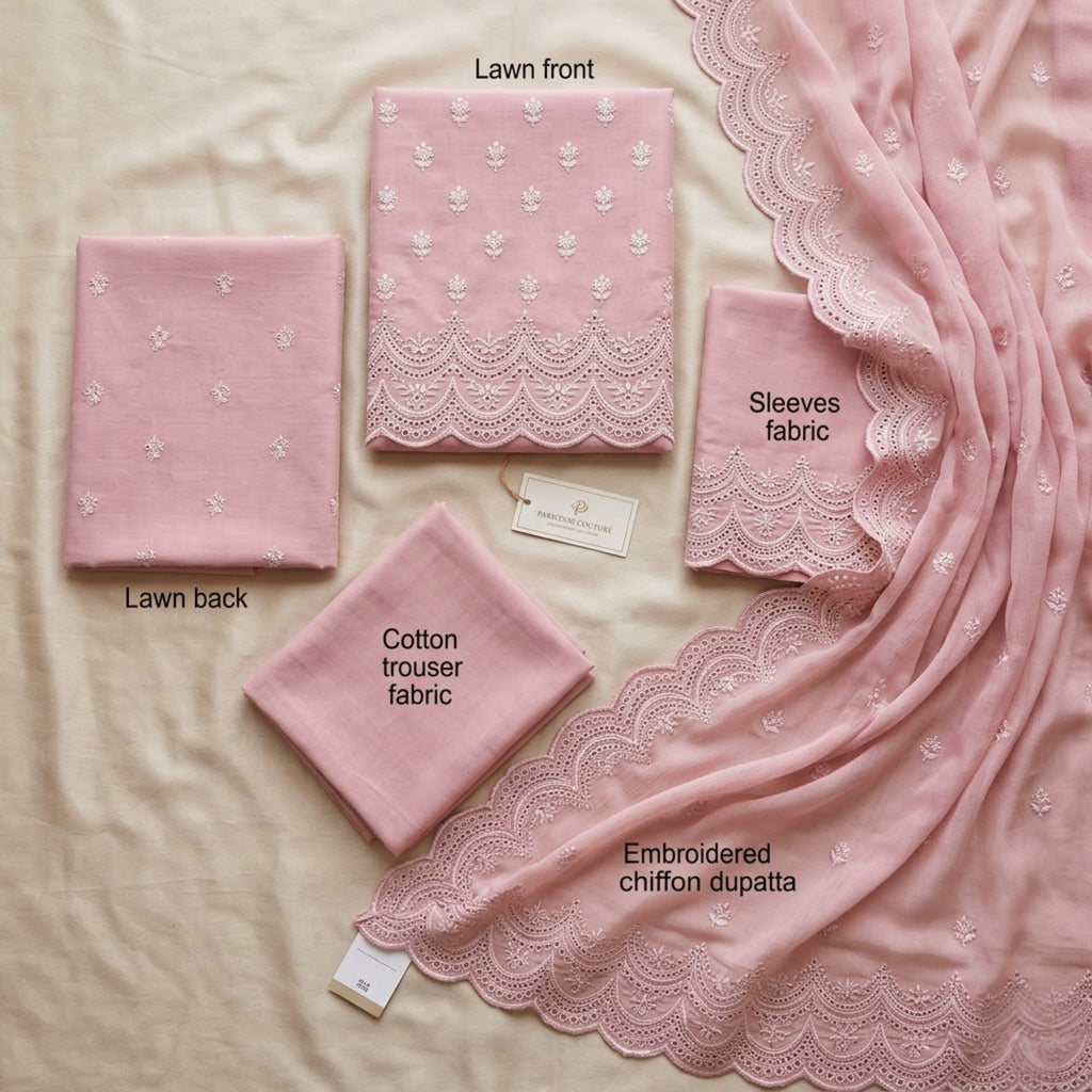 Dusty Rose Noir - 3pc Unstitched Embroidered Lawn Suit Chiffon Dupatta