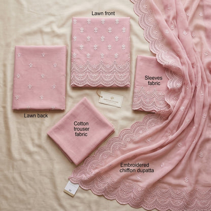 Dusty Rose Noir - 3pc Unstitched Embroidered Lawn Suit Chiffon Dupatta