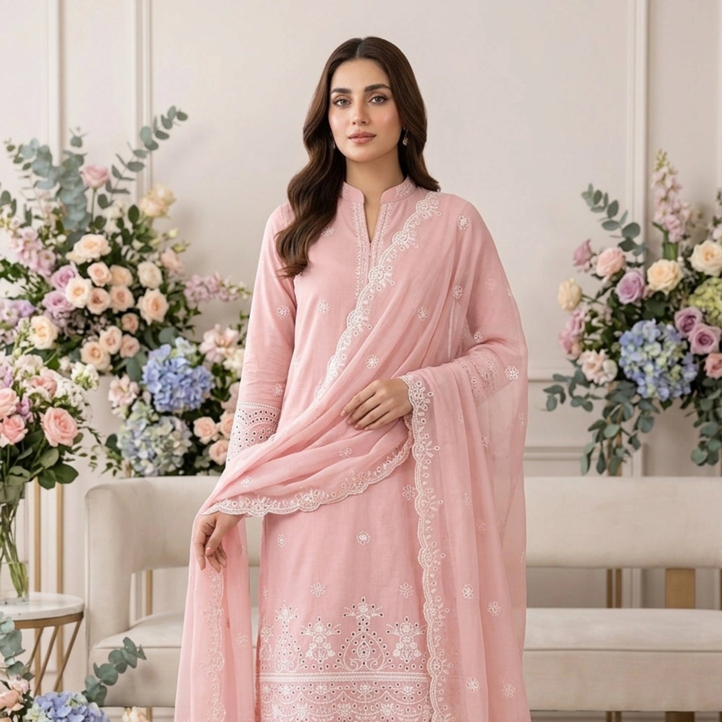 Dusty Rose Noir - 3pc Unstitched Embroidered Lawn Suit Chiffon Dupatta