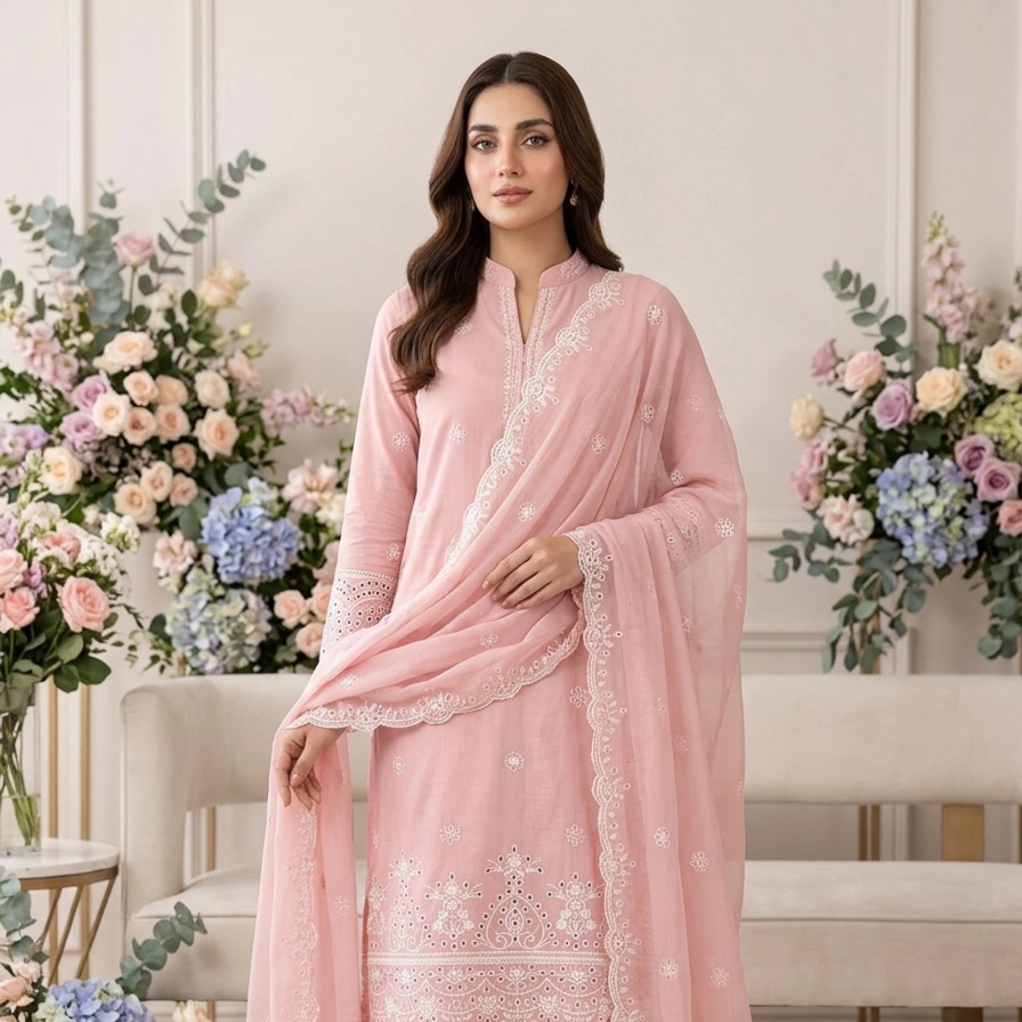 Dusty Rose Noir - 3pc Unstitched Embroidered Lawn Suit Chiffon Dupatta