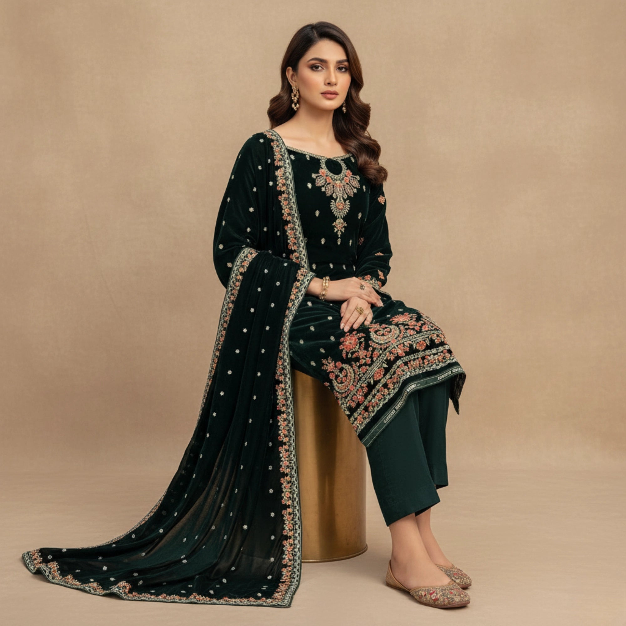 Dark Green Velvet Unstitched Suit 3 Piece Premium