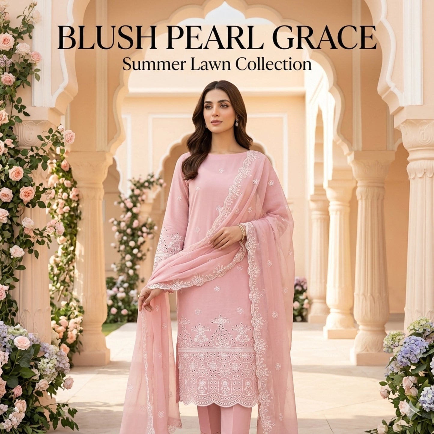 Dusty Rose Noir - 3pc Unstitched Embroidered Lawn Suit Chiffon Dupatta