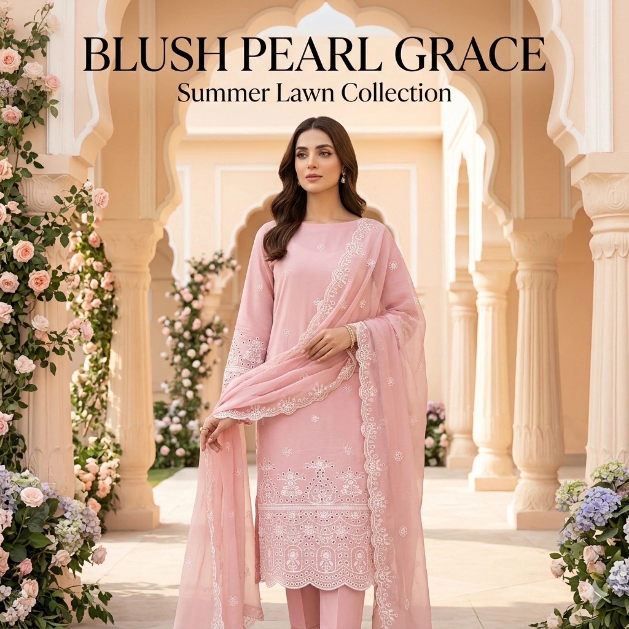 Dusty Rose Noir - 3pc Unstitched Embroidered Lawn Suit Chiffon Dupatta
