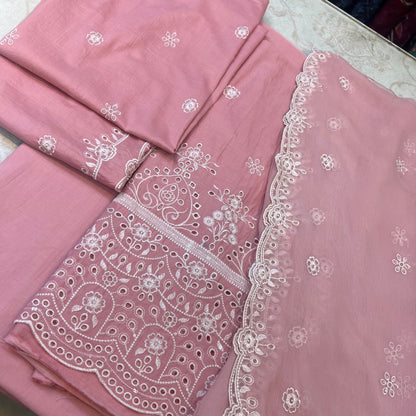 Dusty Rose Noir - 3pc Unstitched Embroidered Lawn Suit Chiffon Dupatta