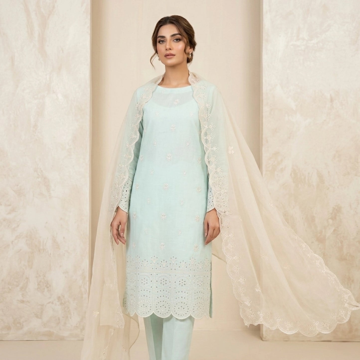 Mint Ivory Elegance – Embroidered Lawn 3 Piece Unstitched Suit