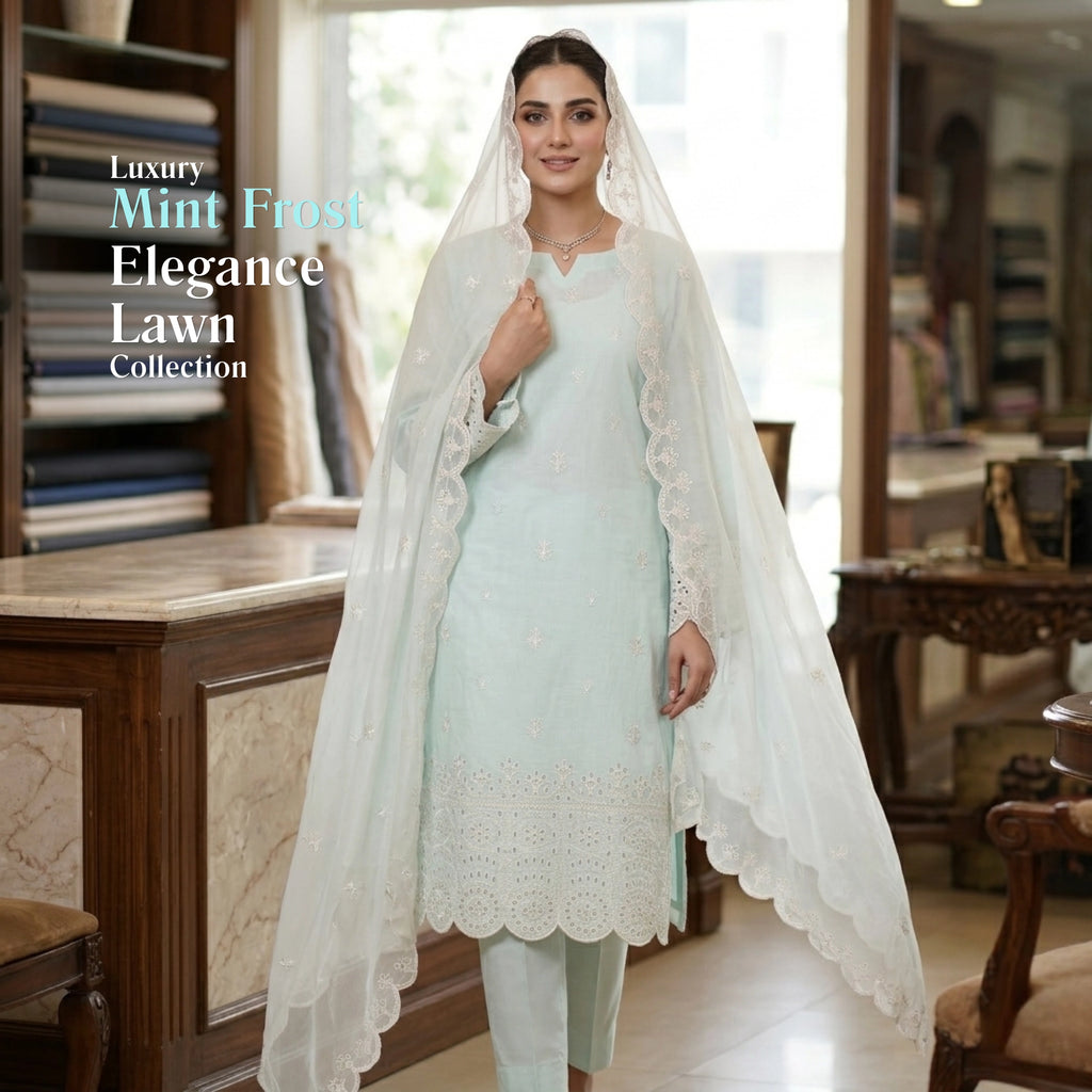 Mint Ivory Elegance – Embroidered Lawn 3 Piece Unstitched Suit