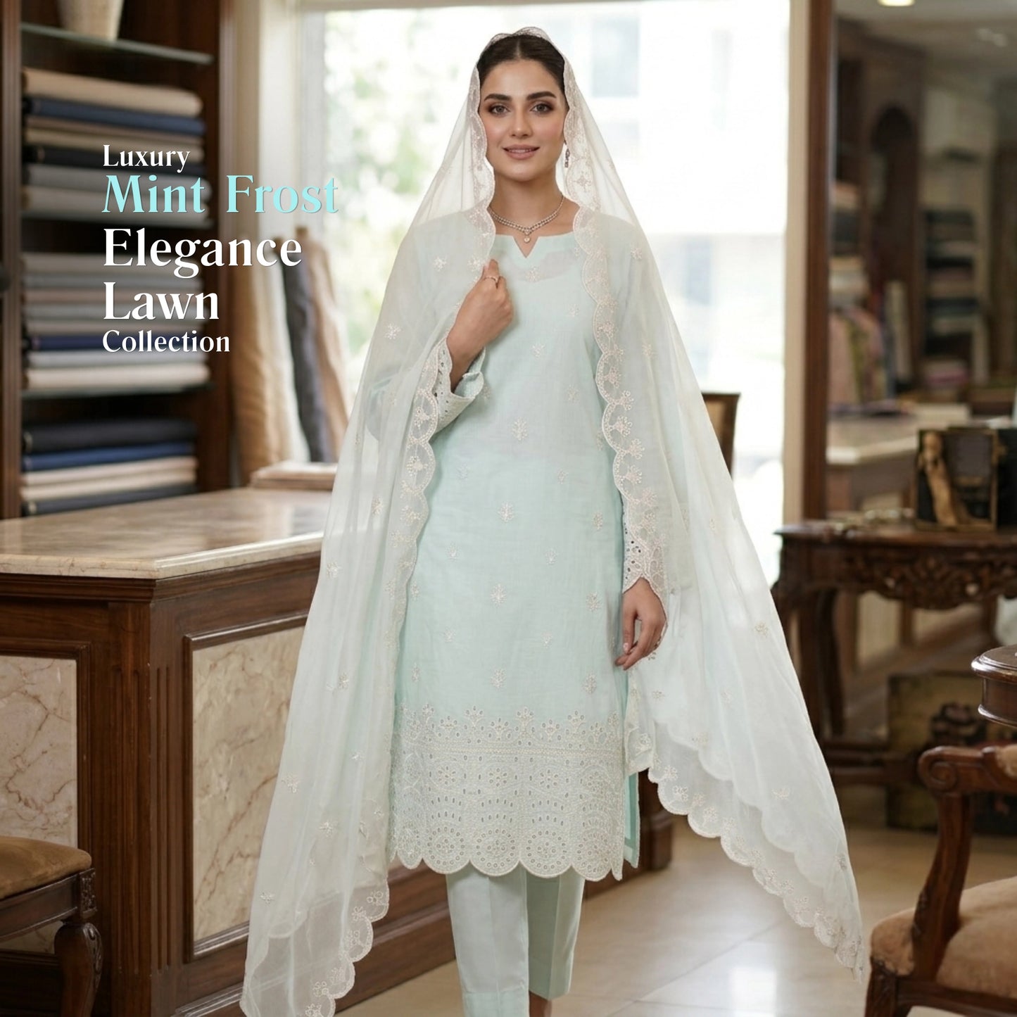 Mint Ivory Elegance – Embroidered Lawn 3 Piece Unstitched Suit