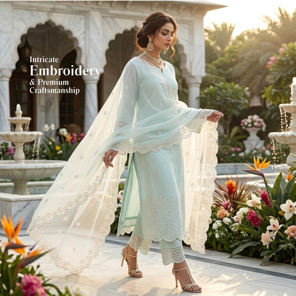 Mint Ivory Elegance – Embroidered Lawn 3 Piece Unstitched Suit