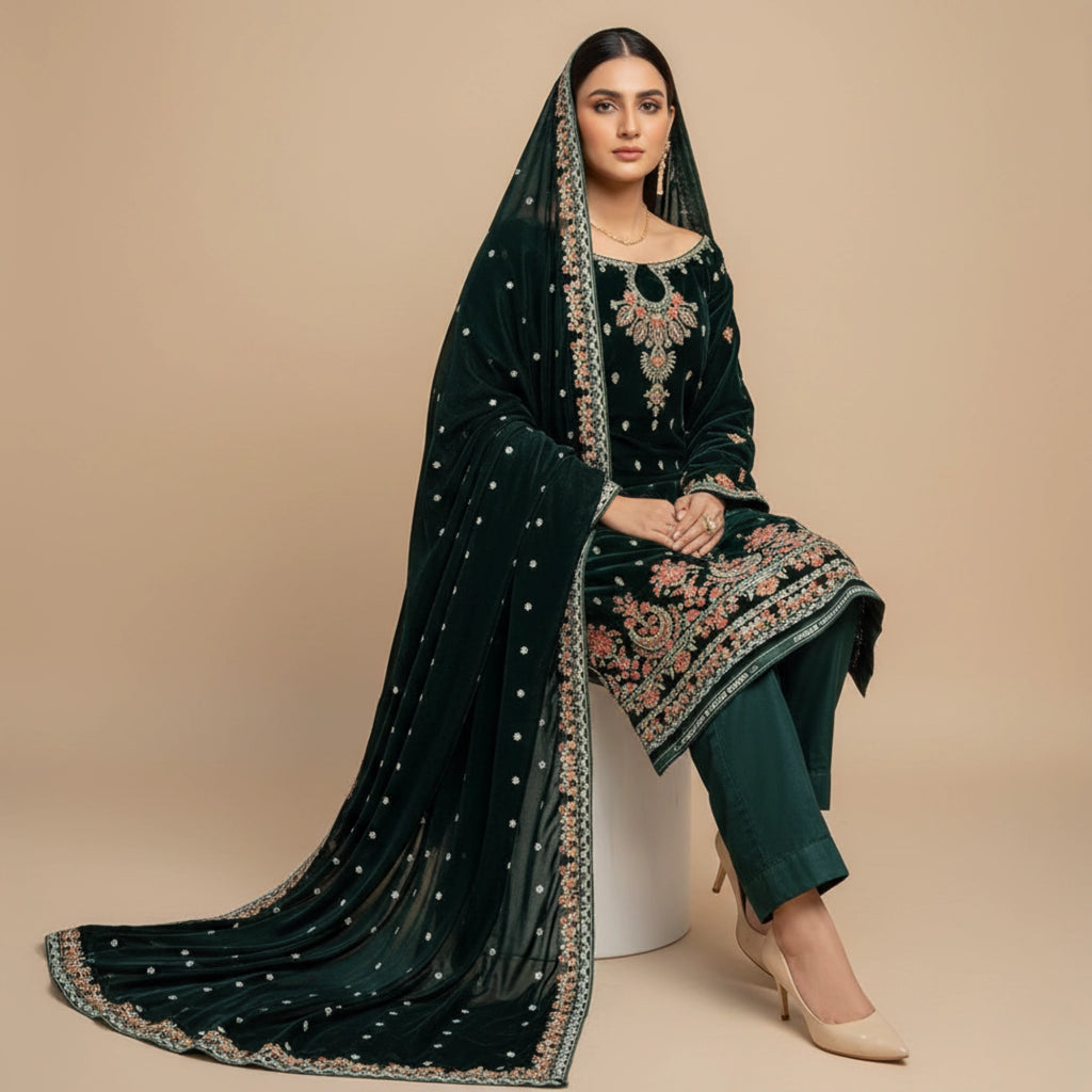 Dark Green Velvet Unstitched Suit 3 Piece Premium