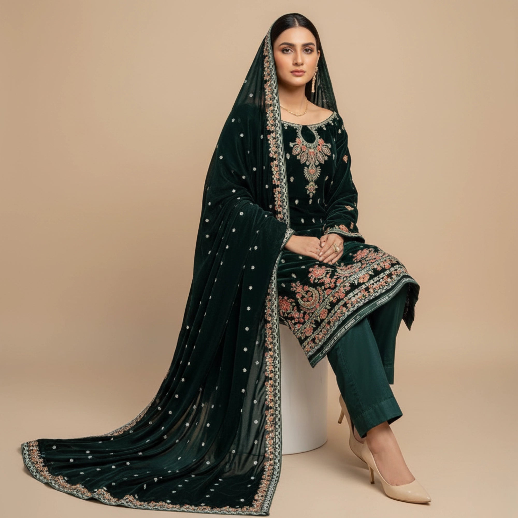 Dark Green Velvet Unstitched Suit 3 Piece Premium